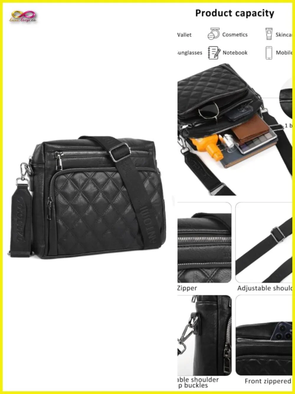 Triple Zip Crossbody Bag with Wide Strap, Faux Leather Shoulder Handbag for